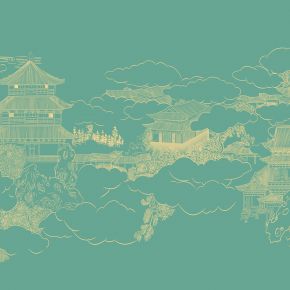 高清新中式亭台楼阁线条肌理背景墙壁画