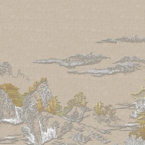 高清新中式亭台楼阁线条肌理背景墙壁画