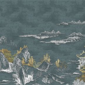 高清新中式亭台楼阁线条肌理背景墙壁画
