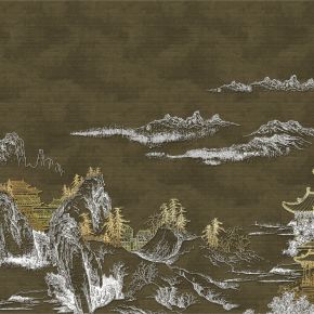 高清新中式亭台楼阁线条肌理背景墙壁画