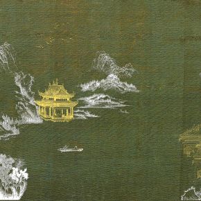 高清新中式亭台楼阁线条肌理背景墙壁画