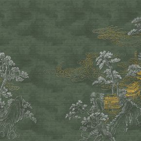 高清新中式亭台楼阁线条肌理背景墙壁画