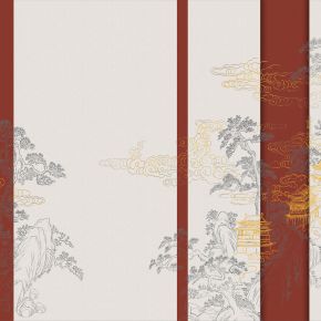 高清新中式亭台楼阁线条肌理背景墙壁画