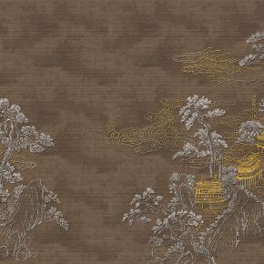 高清新中式亭台楼阁线条肌理背景墙壁画