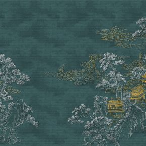 高清新中式亭台楼阁线条肌理背景墙壁画