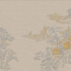 高清新中式亭台楼阁线条肌理背景墙壁画