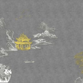 高清新中式亭台楼阁线条肌理背景墙壁画