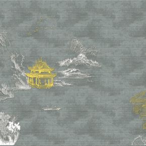 高清新中式亭台楼阁线条肌理背景墙壁画