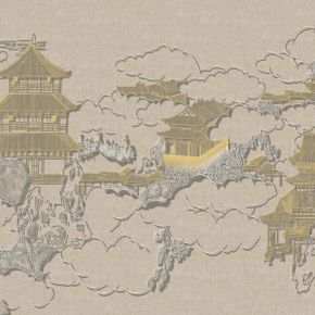 高清新中式亭台楼阁线条肌理背景墙壁画