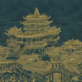 高清新中式亭台楼阁线条肌理背景墙壁画