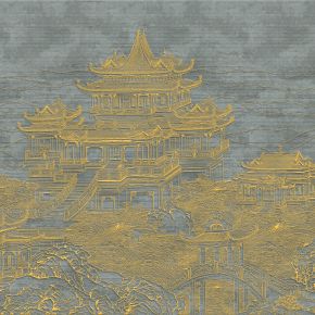 高清新中式亭台楼阁线条肌理背景墙壁画