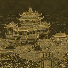 高清新中式亭台楼阁线条肌理背景墙壁画