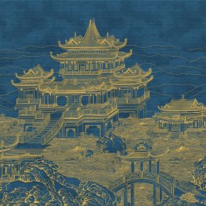 高清新中式亭台楼阁线条肌理背景墙壁画