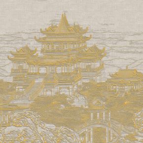 高清新中式亭台楼阁线条肌理背景墙壁画