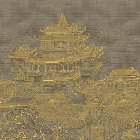 高清新中式亭台楼阁线条肌理背景墙壁画