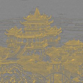 高清新中式亭台楼阁线条肌理背景墙壁画