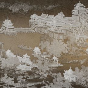 高清新中式亭台楼阁线条肌理背景墙壁画