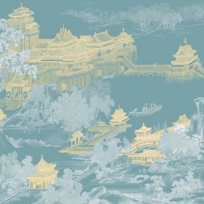 高清新中式亭台楼阁线条肌理背景墙壁画