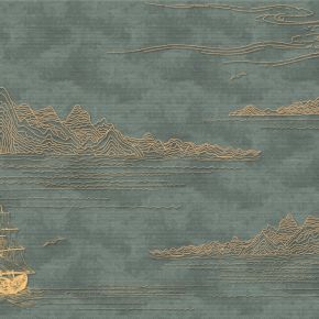 高清新中式亭台楼阁线条肌理背景墙壁画