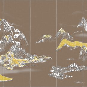 高清新中式亭台楼阁线条肌理背景墙壁画