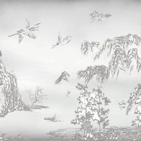 高清新中式亭台楼阁线条肌理背景墙壁画