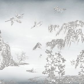 高清新中式亭台楼阁线条肌理背景墙壁画