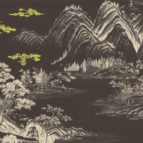 高清新中式亭台楼阁线条肌理背景墙壁画