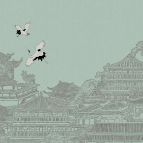 高清新中式亭台楼阁线条肌理背景墙壁画