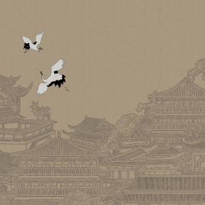 高清新中式亭台楼阁线条肌理背景墙壁画