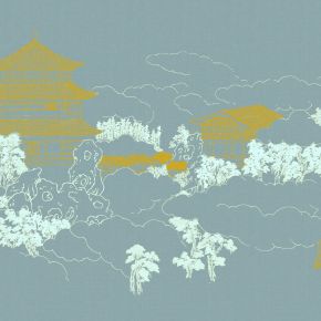 高清新中式亭台楼阁线条肌理背景墙壁画