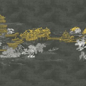 高清新中式亭台楼阁线条肌理背景墙壁画