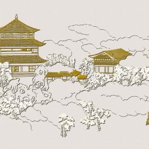 高清新中式亭台楼阁线条肌理背景墙壁画
