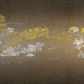 高清新中式亭台楼阁线条肌理背景墙壁画
