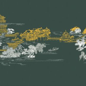 高清新中式亭台楼阁线条肌理背景墙壁画