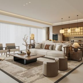 禅意新中式家居客厅 沙发茶几组合 宋式客厅家具 岛台餐桌椅 餐边柜 餐厅吊灯