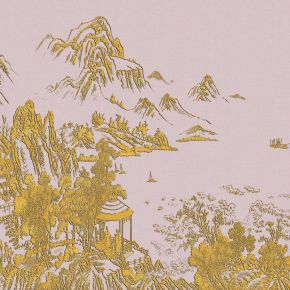 高清新中式亭台楼阁线条肌理背景墙壁画