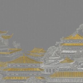 高清新中式亭台楼阁线条肌理背景墙壁画