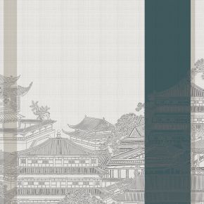高清新中式亭台楼阁线条肌理背景墙壁画