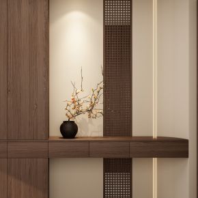 宋式 禅意 实木隔断 线性灯 端景 隔断 花瓶 玄关